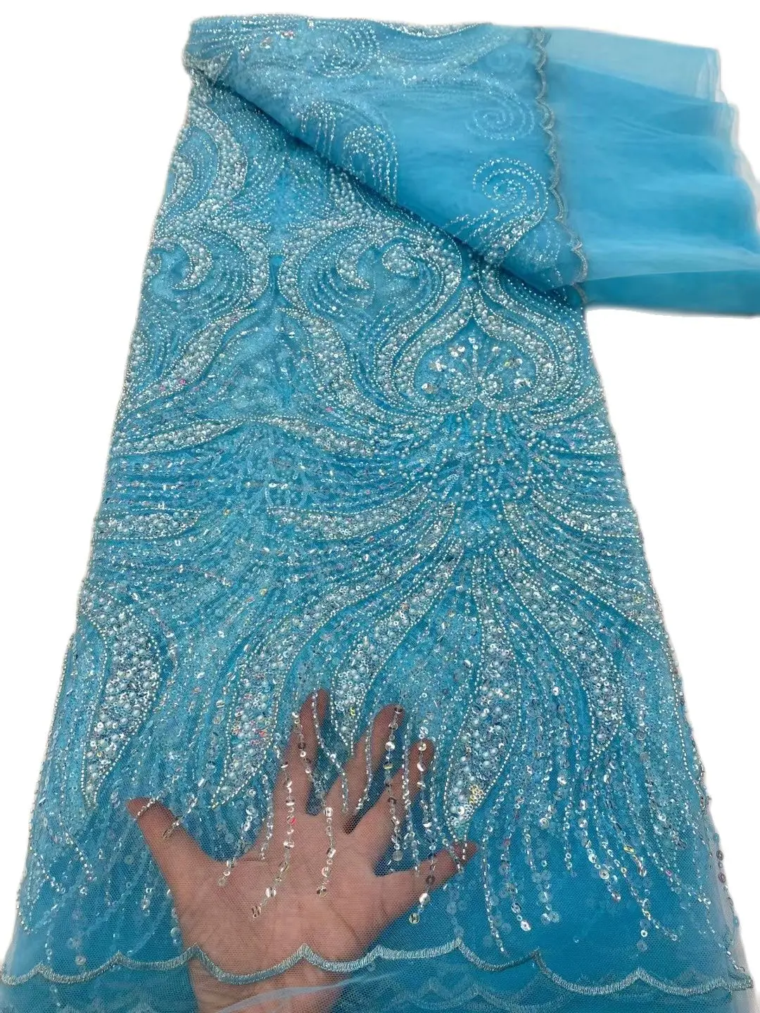 

Sky Blue Embroiderd French Lace 31JRB-5503 High Quality Sequins Tube Beaded Material for Lady Fashion Show or Party Dress