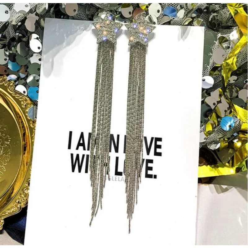 

2023 New Fashion S925 Silver Needle Long Tassel Earrings Simple Temperament Luxury Full Diamond Pentagram Earrings Women Jewelry