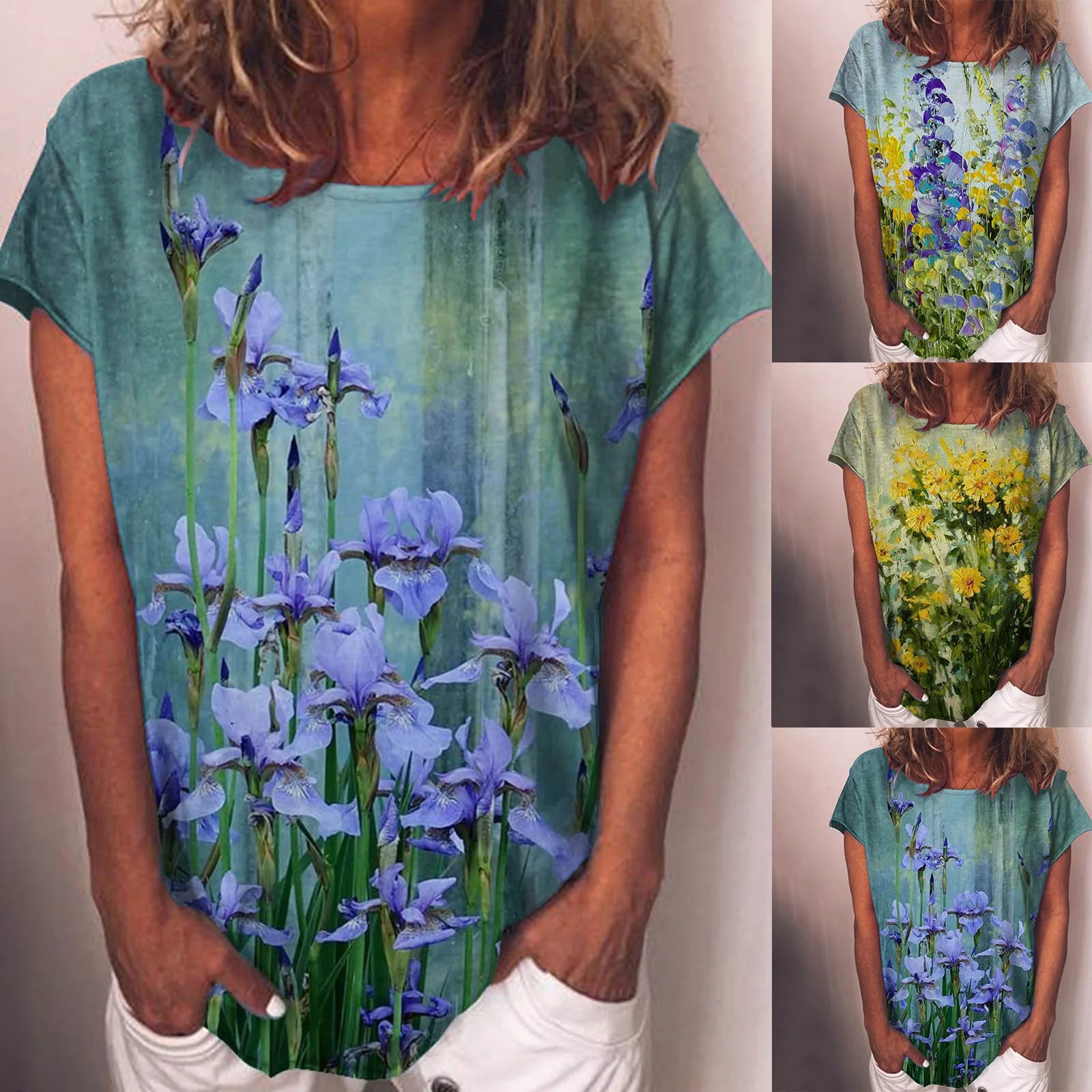 

Повседневные летние женские футболки, модная женская футболка с цветочным принтом и коротким рукавом и круглым вырезом, блузки, топы, футбо...