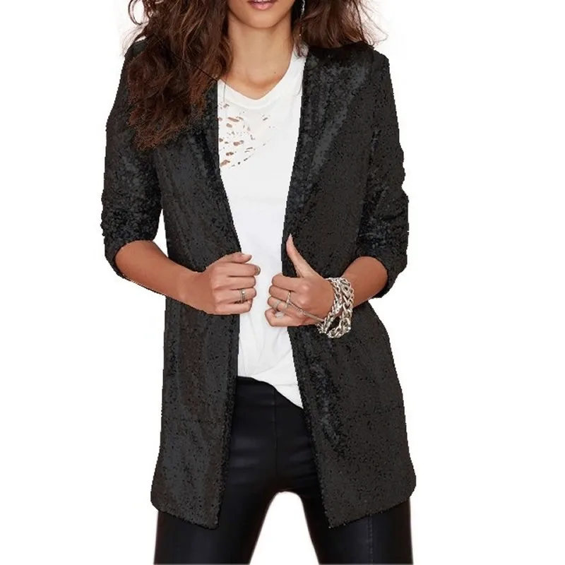 Black Buttonless Sequined Blazers Women Mid Length Solid Colors Suits 2023 Party Blazer Spring Autumn New Large Graduation