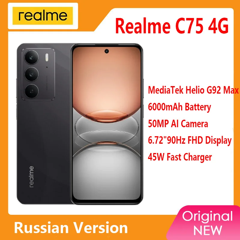 Фото Русская версия Realme C75 4G MTK Heilo G92 Макс. 6,72 дюйма, 90 Гц, экран, 5828 мАч, аккумулятор, 45 Вт, быстрая зарядка, 50 МП, IP69, смартфон №1
