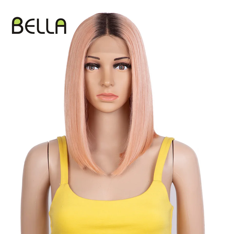 Bella Bob-Peluca de encaje sintético para mujer, pelo corto recto Bob de 12 pulgadas, ombré color rubio, rosa, azul, parte media, Cosplay