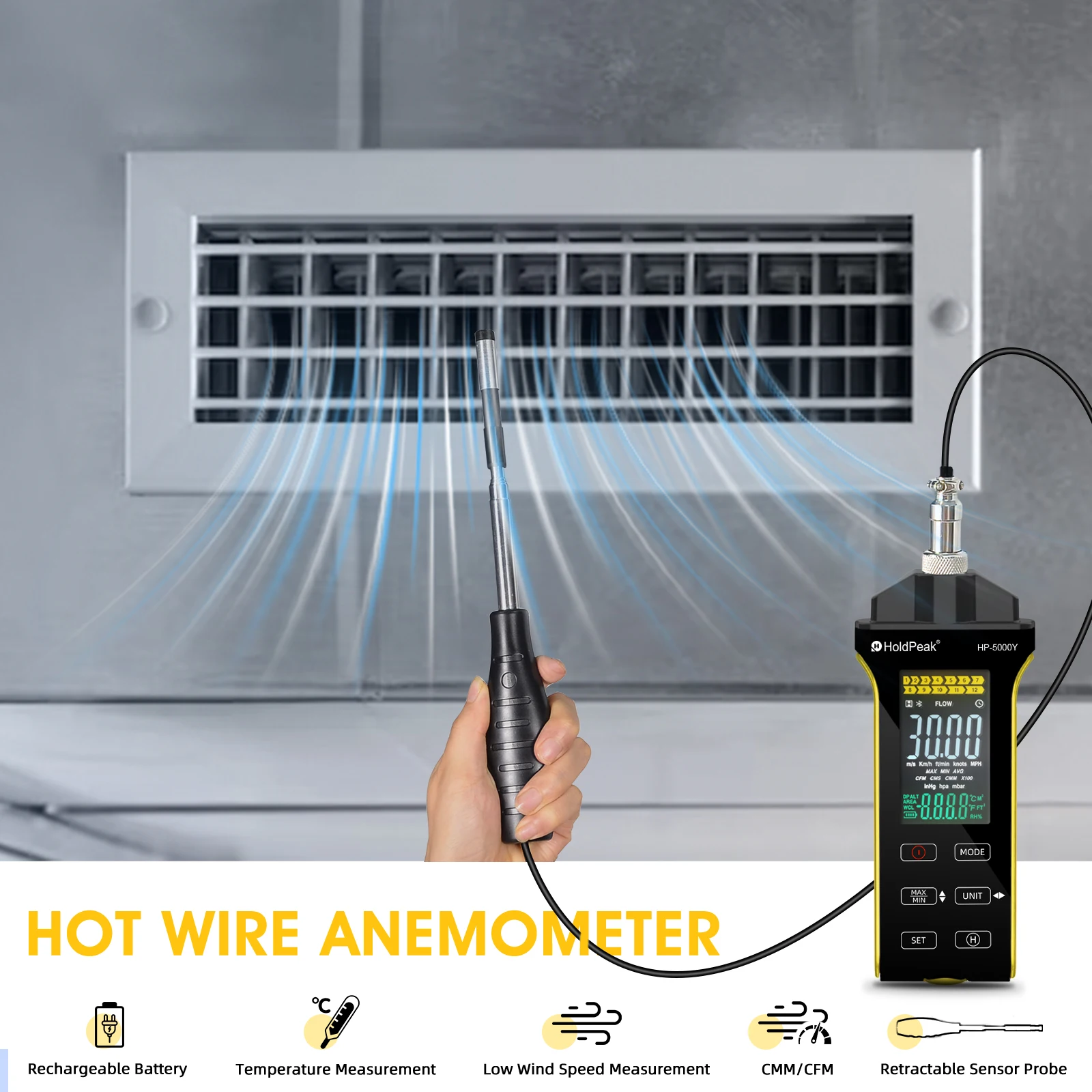 Фото Ручной анемометр, измеритель ветра HVAC, анемометр с горячей проволокой и телескопическим зондом, экспорт USB-даний, температурой и влажностью №2