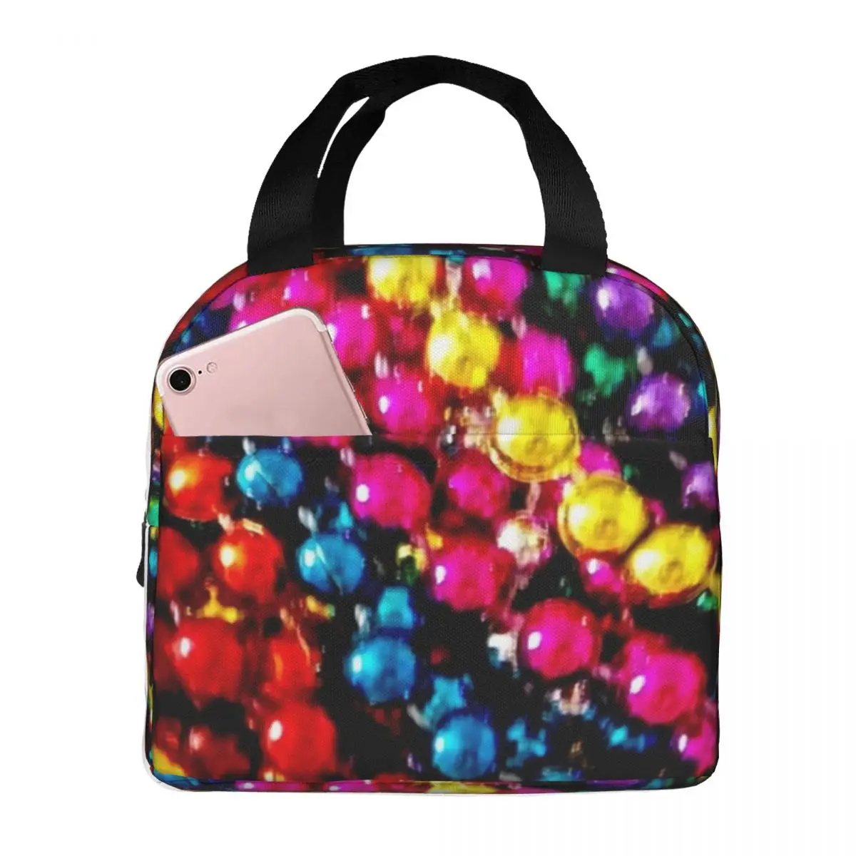 

Mardi Gras Beads Lunch Bag with Handle Modern Art Print Meal Cooler Bag Fashion Portable Zipper Work Thermal Bag