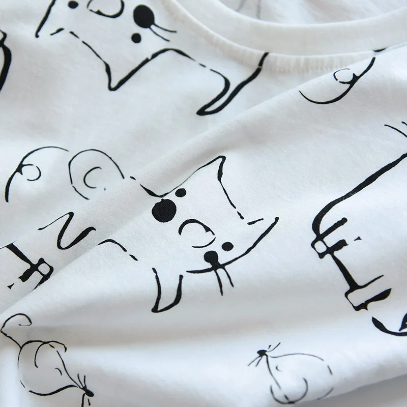 Round Neck Short Sleeves Knitted Cotton Pajamas Set For Women Cartoon Pyjamas Pijamas Set Summer Soft Sleepwear