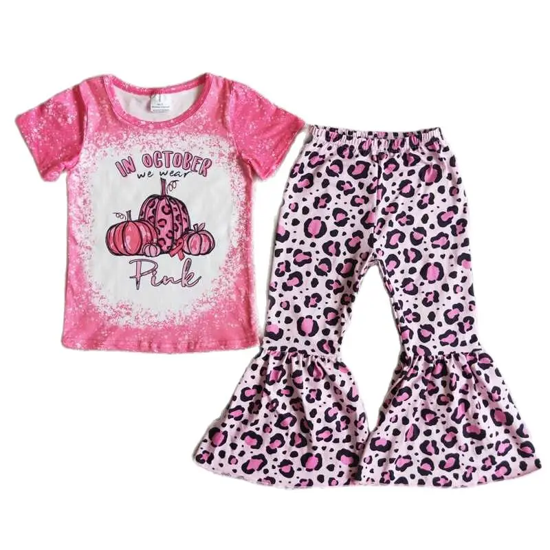 

D2-29 Baby Girl Clothes Milk Silk Pink Pumpkin Short Sleeve T-shirt Top With Pink Leopard Print Bell Pants Set Kids Clothes G