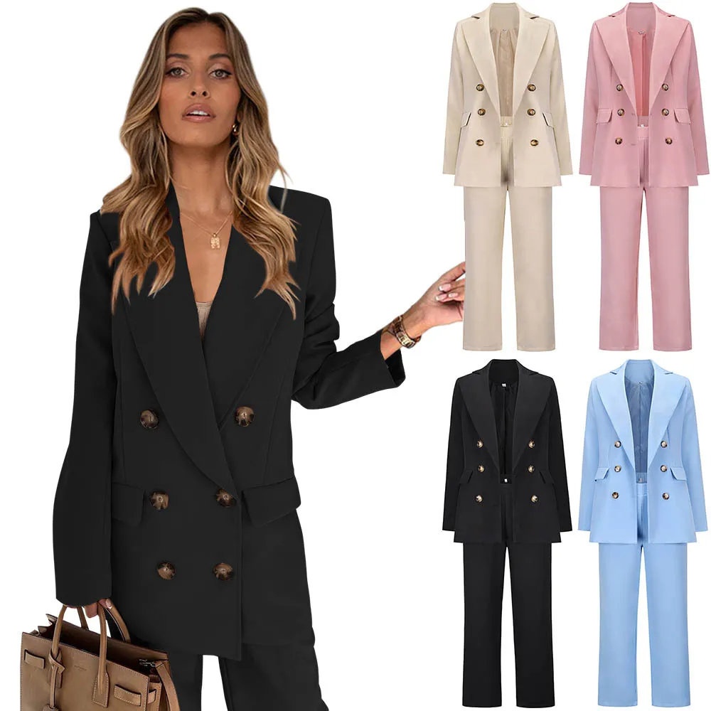 2021 autumn and winter fashion new temperament double-breasted long-sleeved suit jacket straight trousers professional lady suit