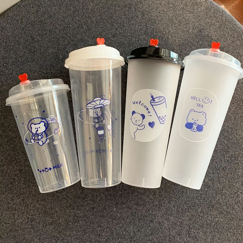 

Женская чайная чашка, утолщенные пластиковые Матовые литые стаканы для напитков 500 мл, коммерческая упаковка для фруктового чая и чая с крышкой