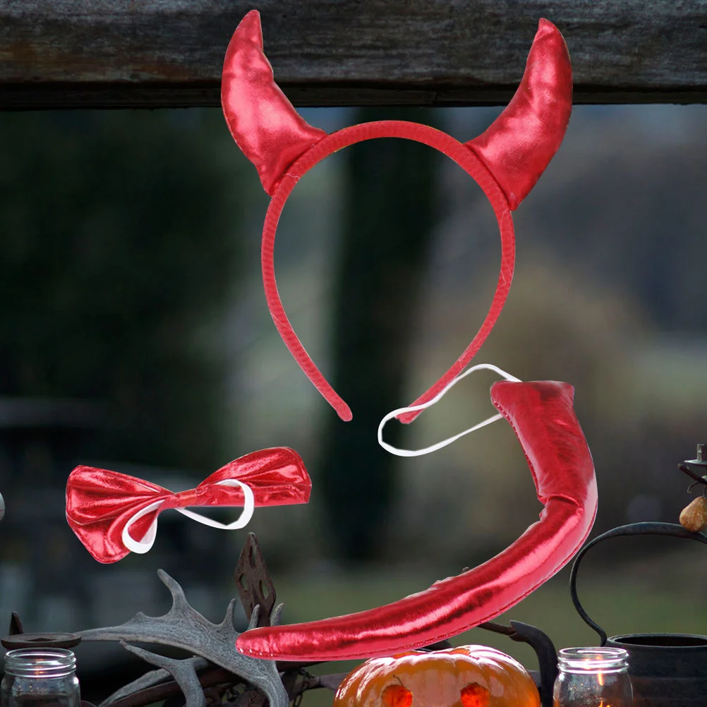 

Costume Set, 3PCS Red Horned Headdress Costume, Horn Headband, Bow Tie, Tail, Costume Accessory