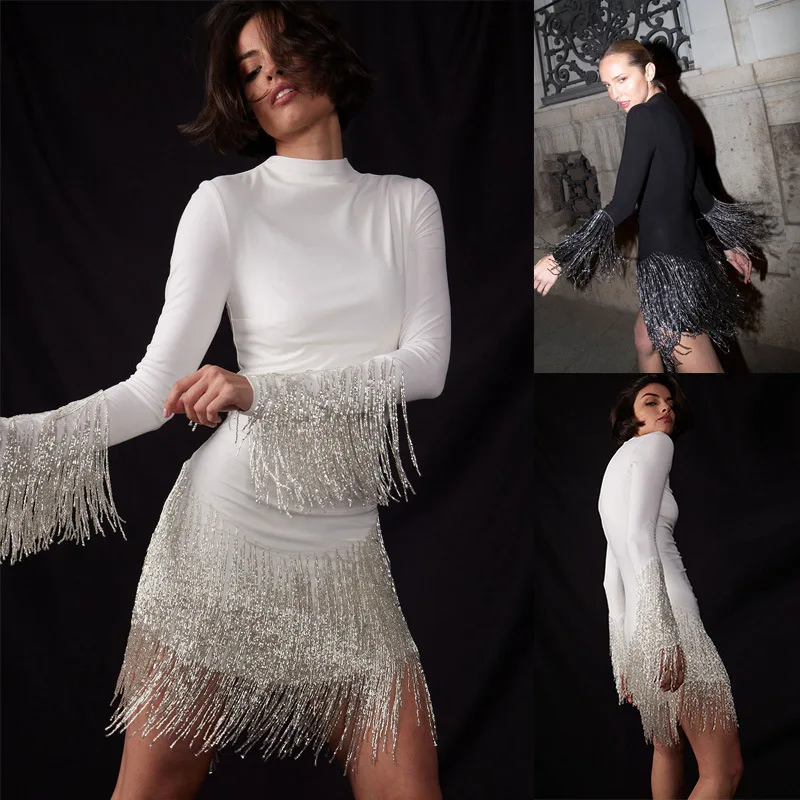

SKMY 2022 Autumn New Women Clothing Round Neck Long Sleeve Dress Fashion Tassel Patchwork Bodycon Mini Dress Party Clubwear
