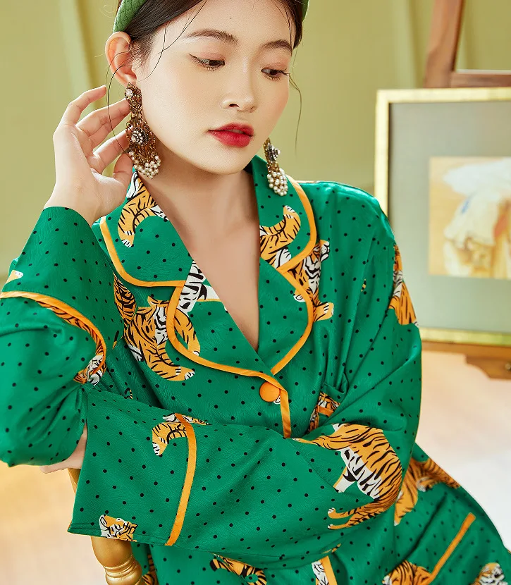 Tiger Premium Ice Silk Pajamas Women's Long Sleeve Pants New pigiami donna  pjamas for women