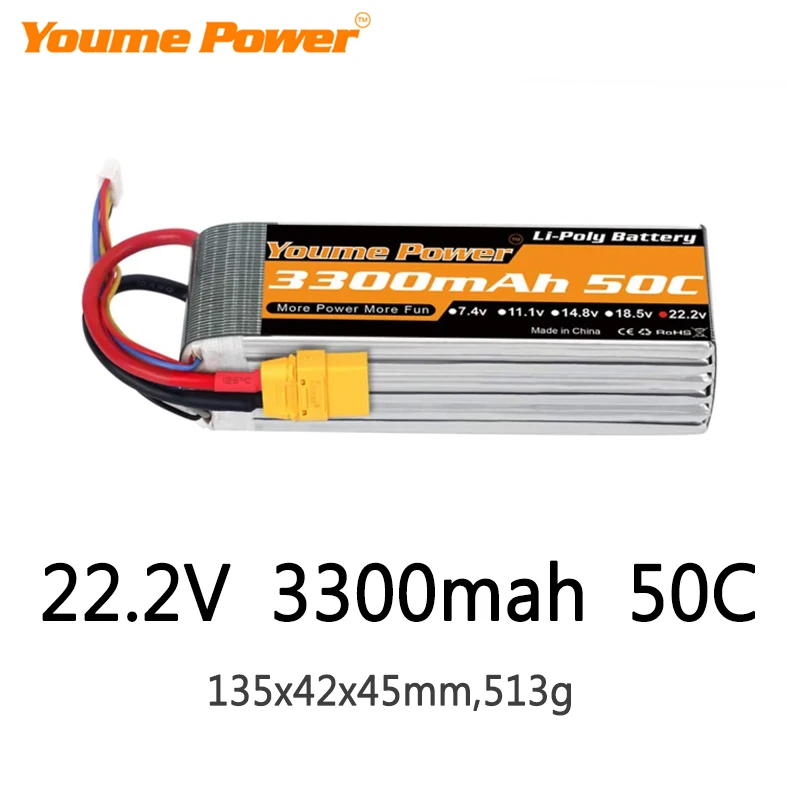 

Youme 6S Lipo Battery 22.2V 3300mah 50C XT60 T TRX XT90 XT150 EC3 EC5 for RC Helicopter Airplane Boat Quadcopter