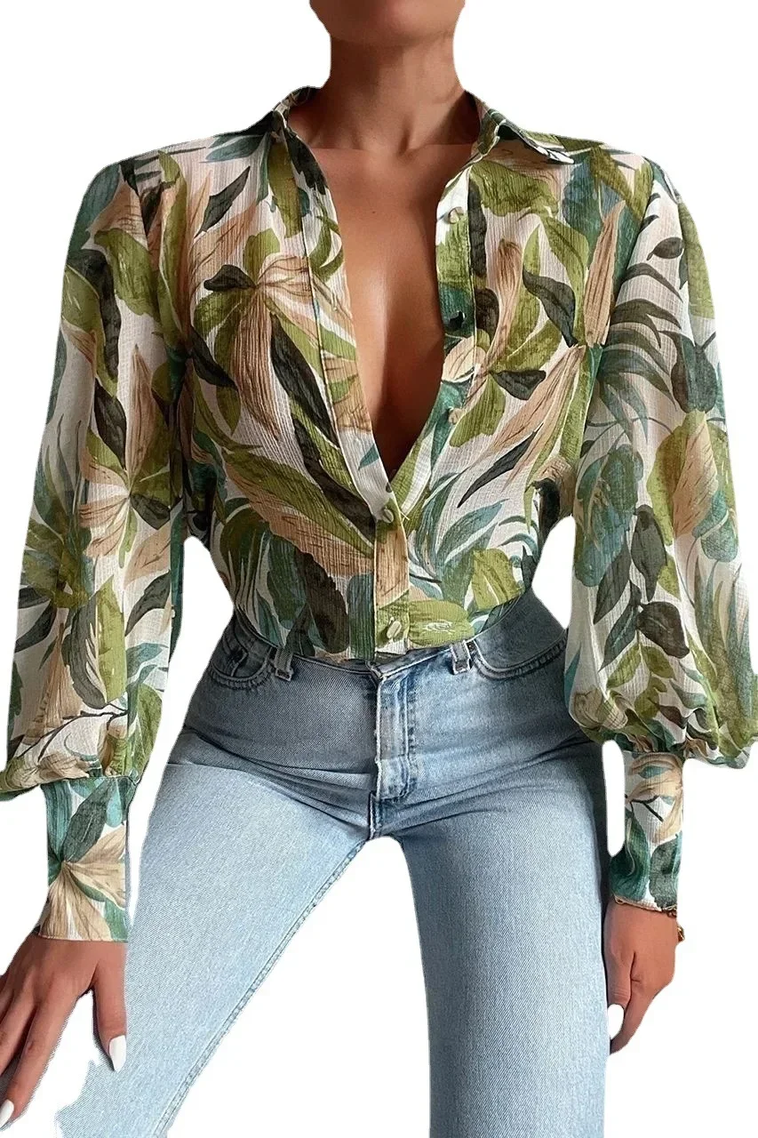 Лето 2023 женская рубашка с принтом на пуговицах и рукавами-фонариками элегантные