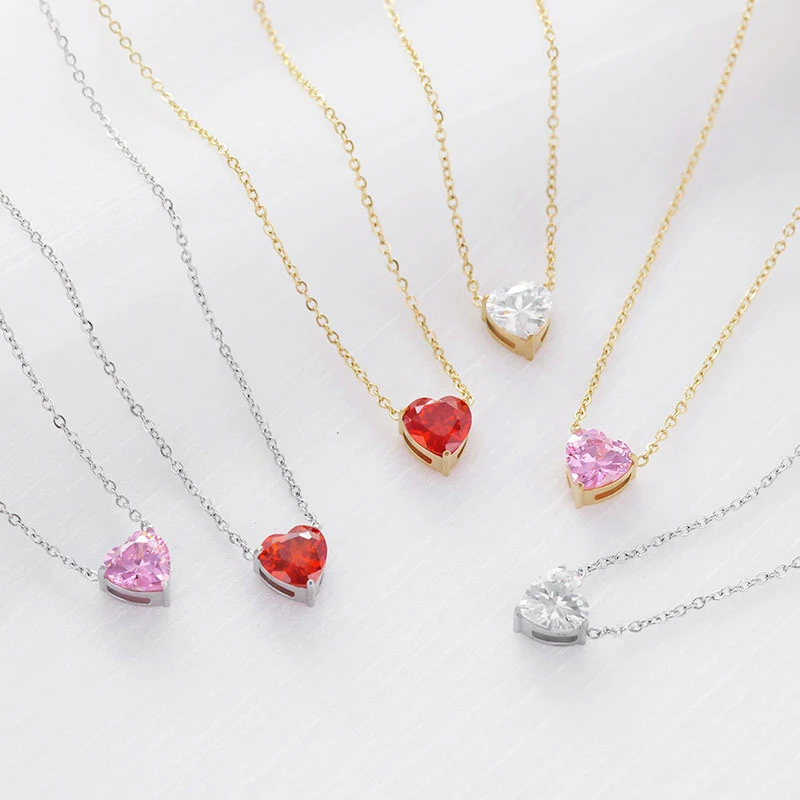 

Tarnish Free Red Pink White Cubic Zirconia Stone Love Heart Pendant Necklaces for Women Wedding Party Fashion Jewelry Gift