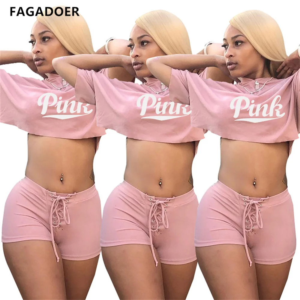 

FAGADOER Summer Short Sleeve Hooded Crop Top Shorts 2 Piece Set Pink Letter Print Tracksuit Front Bandage Sport 2pcs Outfits