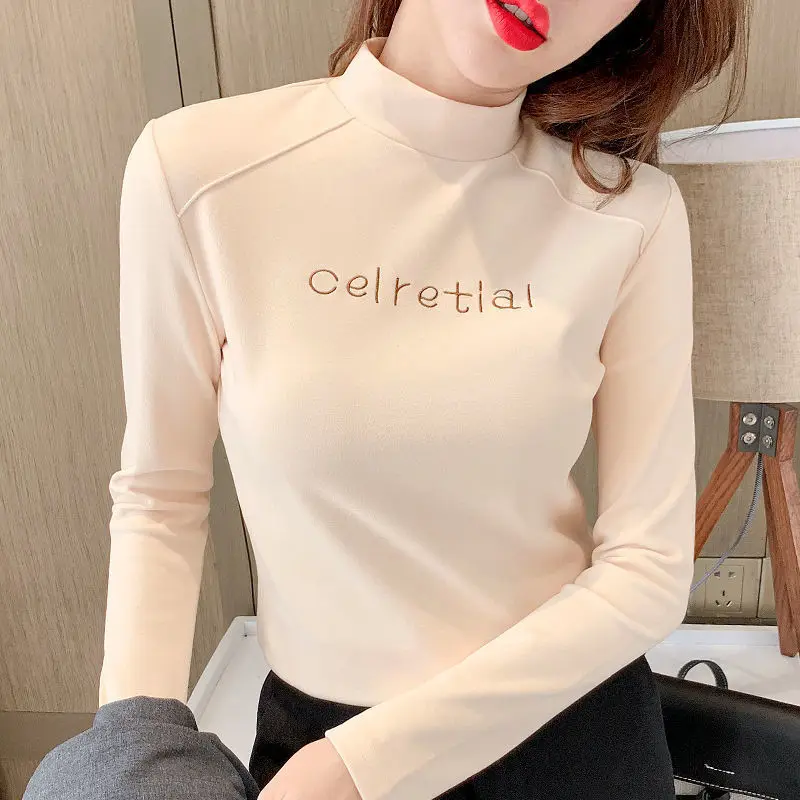 

Korean Style Female Tops 2022 Autumn New Long Sleeve Half High Collar Bottoming Shirt Letter Print Patchwork Women Clothing
