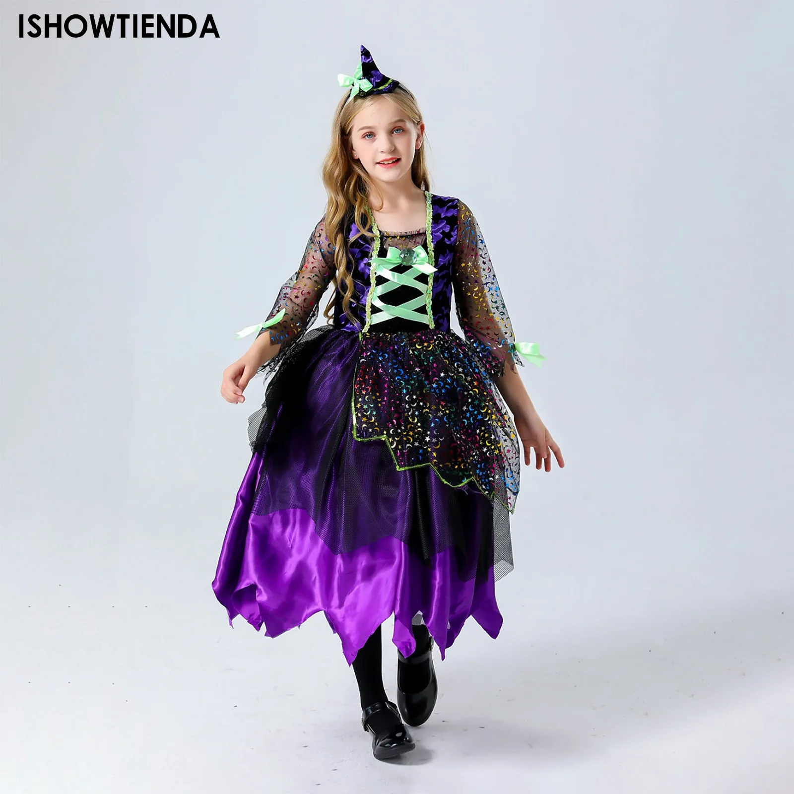 

Children Girls Halloween Witch Princess Dress Glittery Mesh Tutu Dress With Pointed Hat For Carnival Party Dress Up Costumes