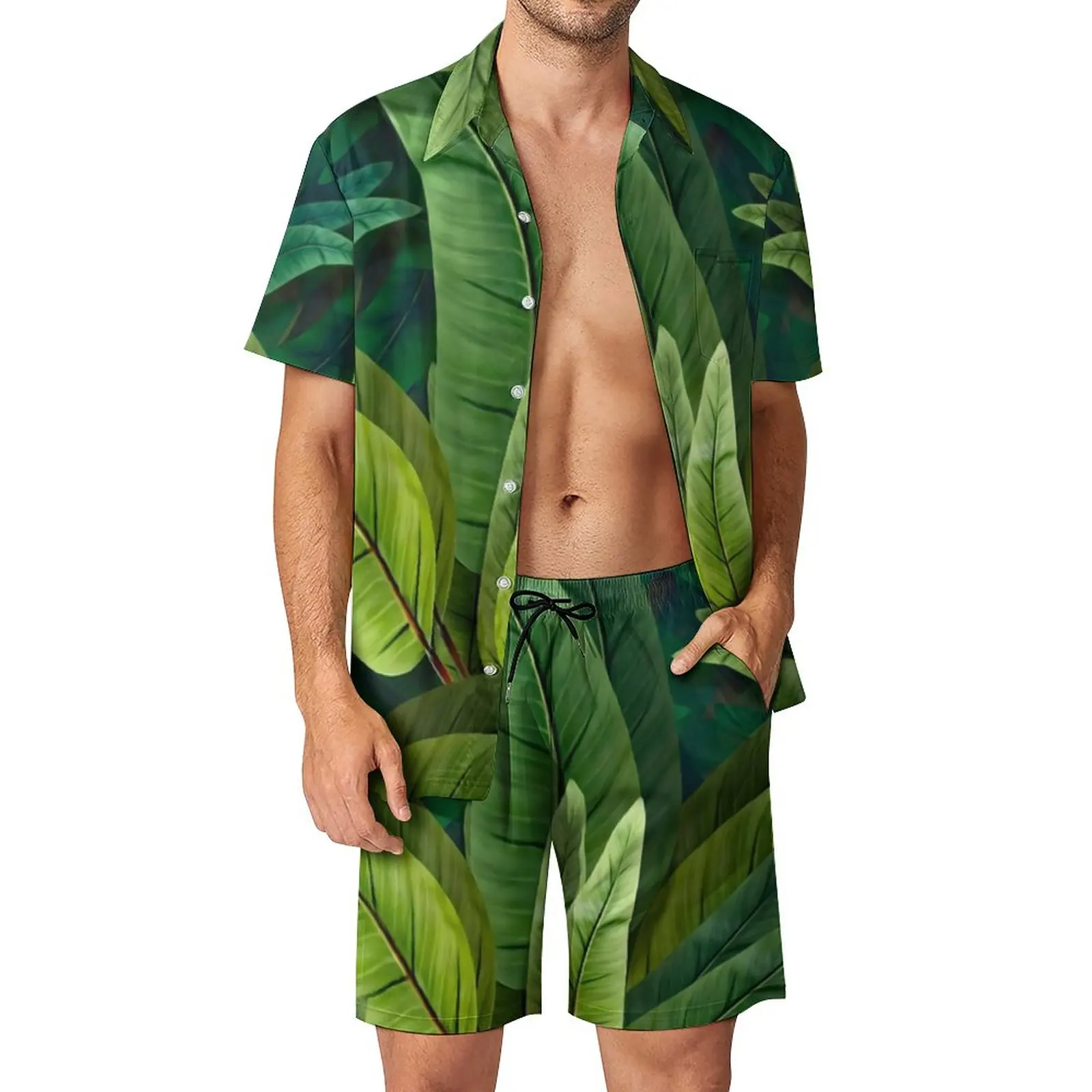 

Retro Tropical Men Sets Green Leaves Print Casual Shorts Outdoor Shirt Set Summer Cool Suit Short Sleeve Oversized