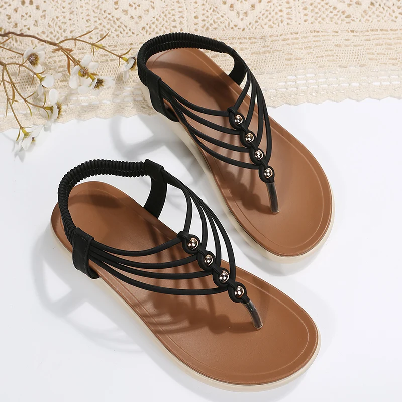 

2022 New Fashion Women Casual Beach Wear Shoes Contrast Paneled Going Out Flats-Sandals Braided Toe Post Beaded Sandals Wild