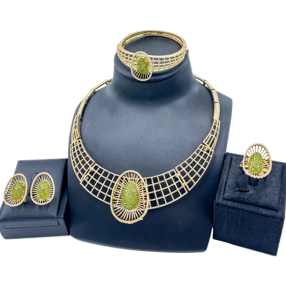 

Длинное ожерелье из Дубая с зелеными кристаллами, Круглый браслет для женщин, серьги, кольцо, подарок, очаровательные свадебные аксессуары