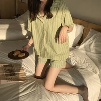 2022 new womens pajamas cotton short sleeves laple top shorts striped two piece sets women loungewear nightwear pyjamas female