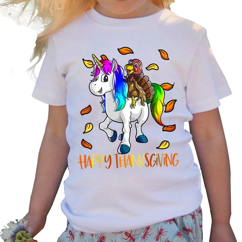 

Happy Thanksgiving Cartoon Brand Kids T-Shirts Turkey Unicorn Print Children's Clothing for Summer Girls Boys Shortsleeve Tops