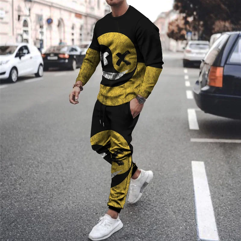 Tracksuit Set Men's Clothing 2 Pcs Summer Sports Suit 3d Print Smiley Casual Men Sets Outfits Long Sleeves T-shirt+Pants Male