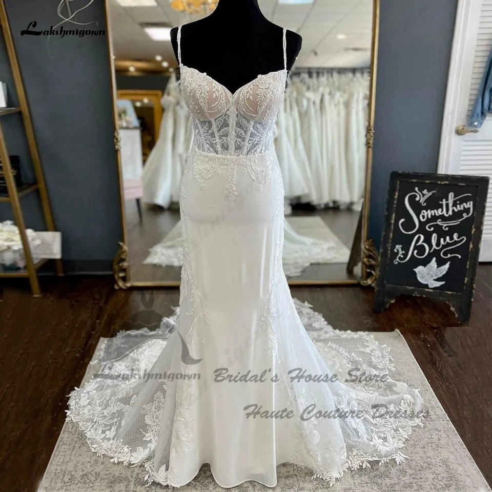 

Lakshmigown Civil Crepe Mermaid Wedding Gowns Spaghetti Straps Vestido De Novia 2023 Sexy Lace Appliques Bridal Dress Hochzeit