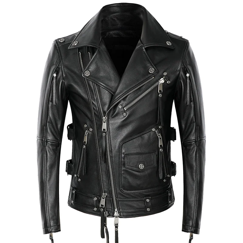 

Мужская мотоциклетная кожаная куртка, черная приталенная байкерская куртка из натуральной воловьей кожи в американском стиле с скошенной ...