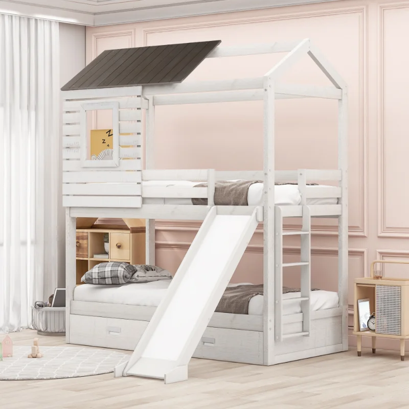 

Twin Over Twin Bunk Bed with Two Storage Drawers and Slide\ House-Shaped Wood Bunk Bed\ Antique White (OLD