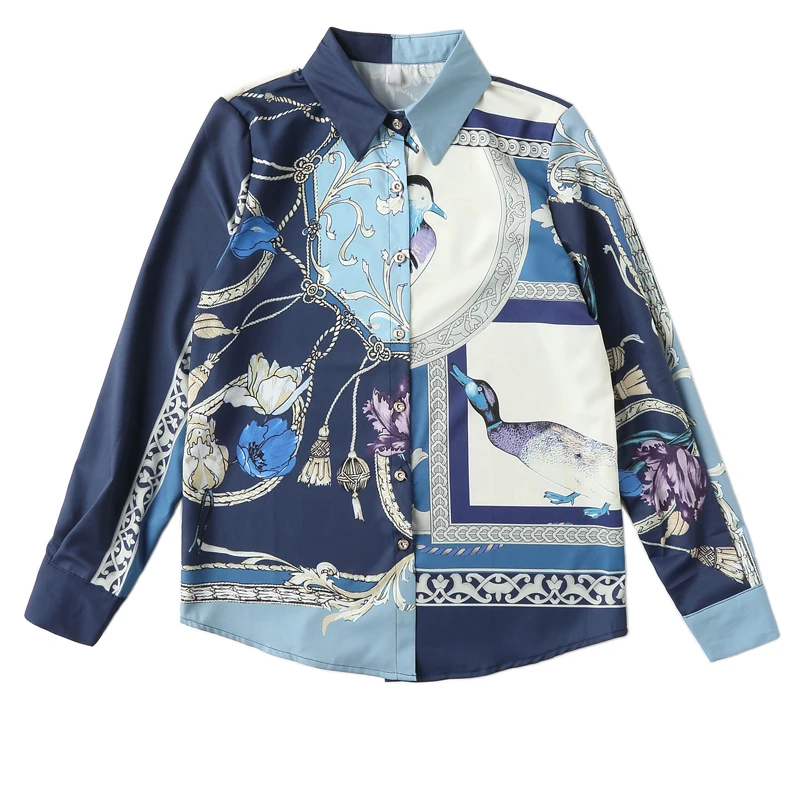 

Шифоновая женская блузка с принтом, рубашка-поло, весна-осень, Свободный Повседневный Модный Топ с длинным рукавом и пуговицами