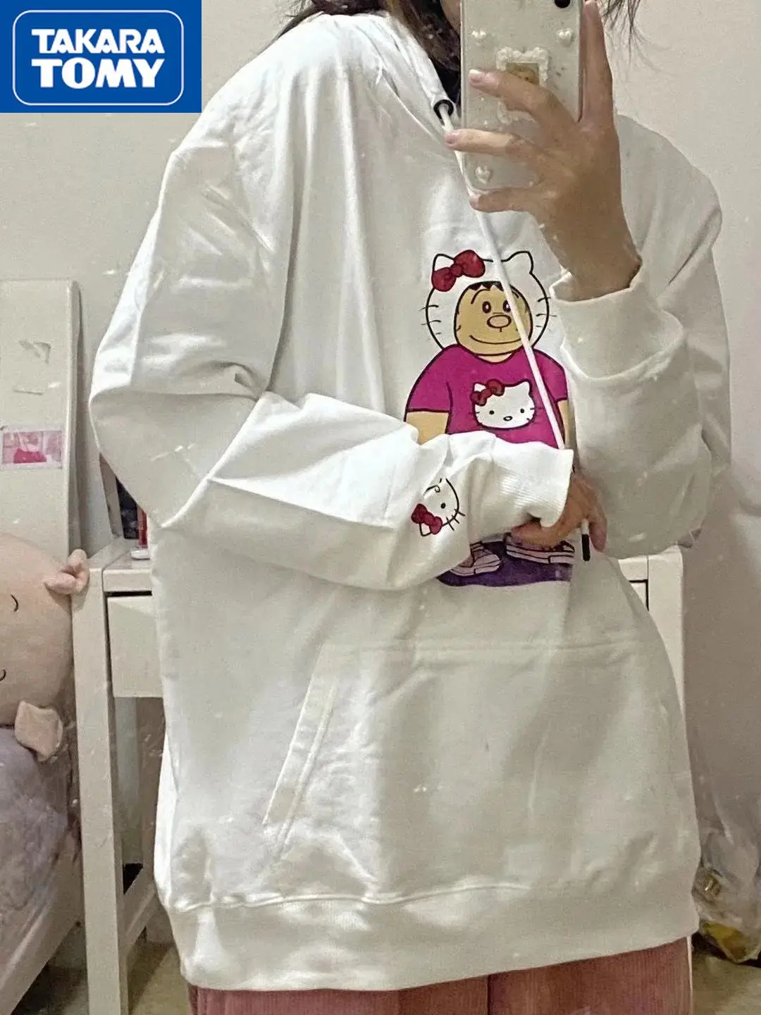 

Мужской и Женский студенческий свитер Takara Tomy Hello Kitty парный Свободный пуловер с принтом Футболка с длинным рукавом топ на весну и осень