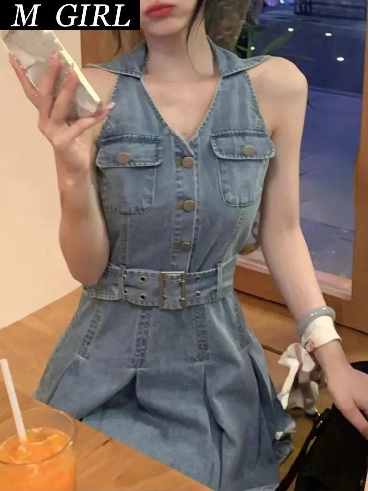 

Dresses For Women 2023 Summer Slim Sexy Vintage Denim Dress Woman Casual Sleeveless Short Party Dress Elegant Pure Color Strap
