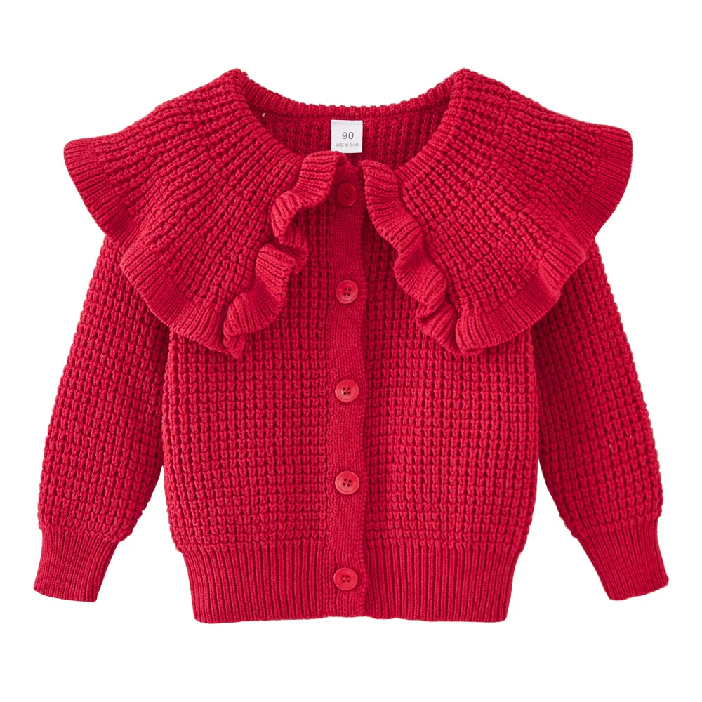 

2022 Korea Children's Lapel Sweater Pure Cotton Soft Knitting Cardigan For Young Girls Solid Color Princess Baby Winter Clothes