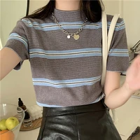 womens knitting t shirt short sleeve patchwork striped casual knit tops new summer female o neck slim thin simple tees t shirts