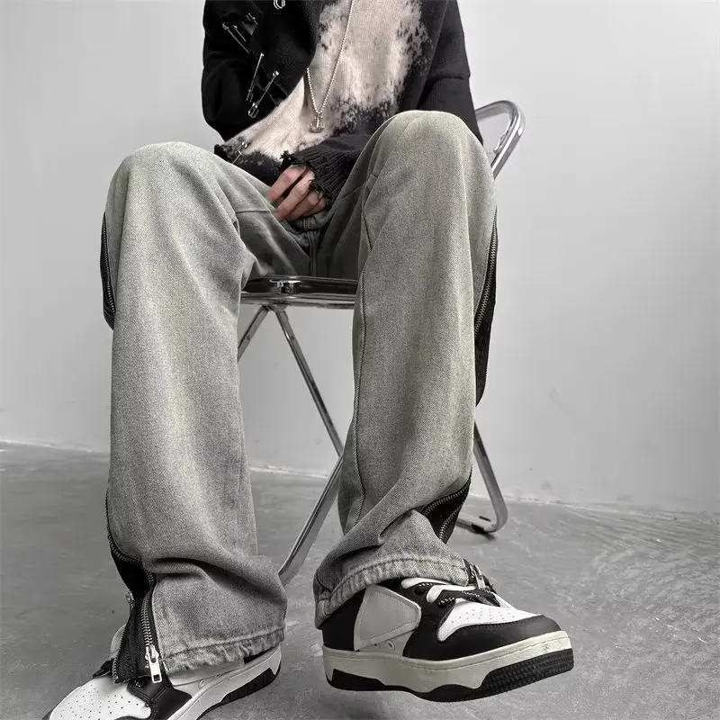 Popular Trendy Krean Style Jeans Casual High Street Long Pants With Full Long Side Zipper