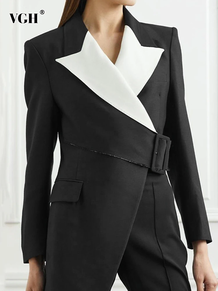

VGH Asymmetrical Colorblock Casual Blazers For Women Notched Collar Long Sleeve Patchwork Belt Straight Blazer Female Spring New