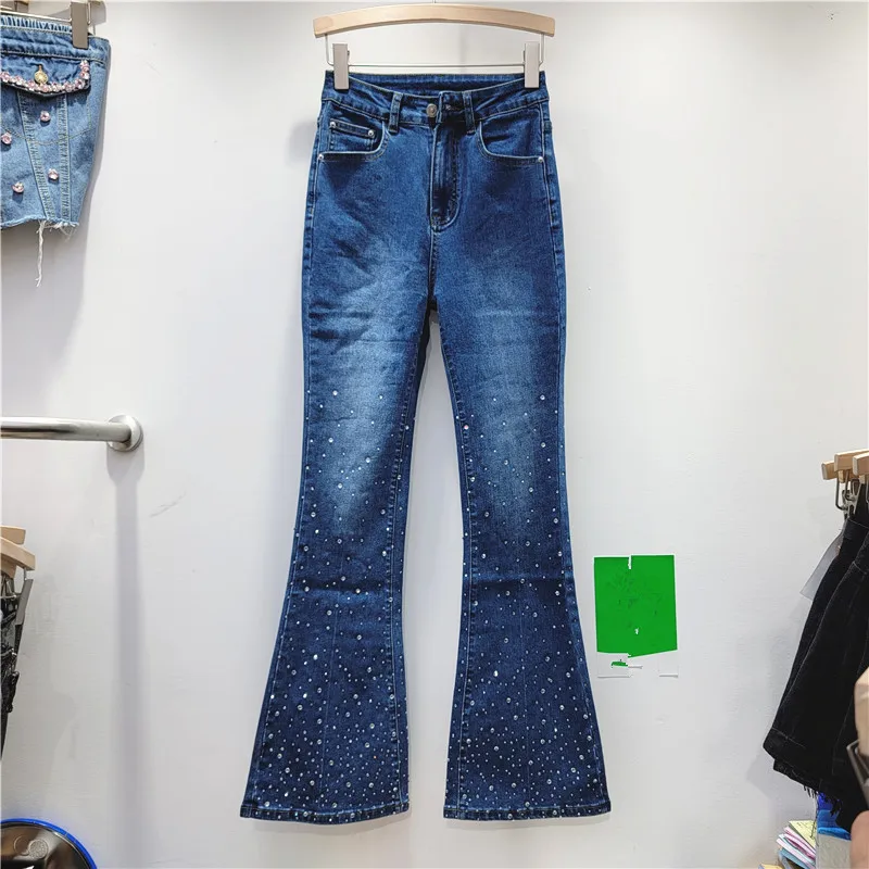 

Тяжелые вышитые Горячие темно-синие джинсовые брюки с высокой талией расклешенные джинсы для женщин 2023 осенние облегающие джинсы с широкими штанинами