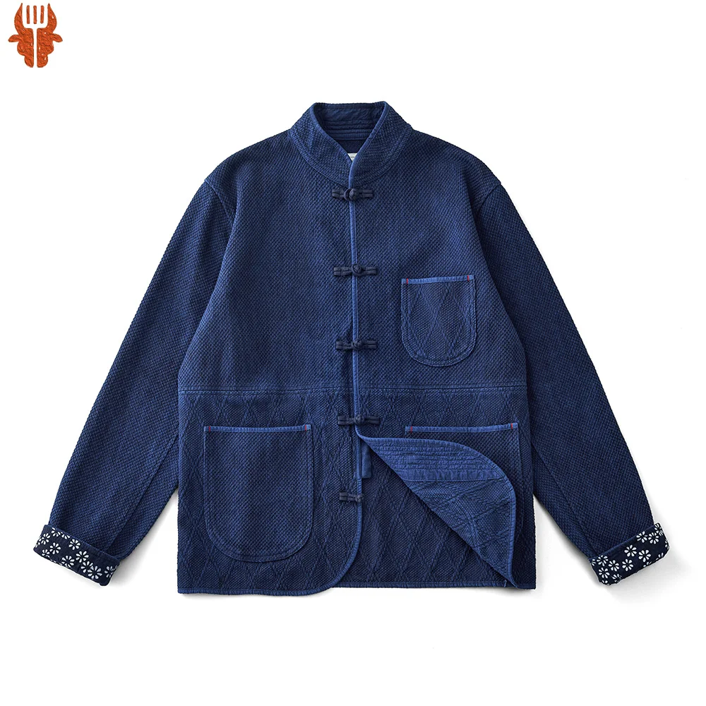 Vintage Indigo Tang Suit Jacket Men Autumn Winter New Multi-pocket Long Sleeve Jacket Cotton Chinese Traditional Cardigan Coat