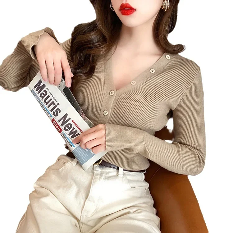 Ранняя осень 2023 тонкий вязаный топ с v-образным вырезом женский утягивающий