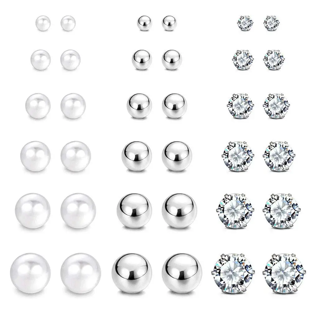 

1 Pairs Stud Earrings Set Hypoallergenic Ball Pearl Cubic Zirconia 316L Earrings Stainless Steel CZ Earrings 3-8mm
