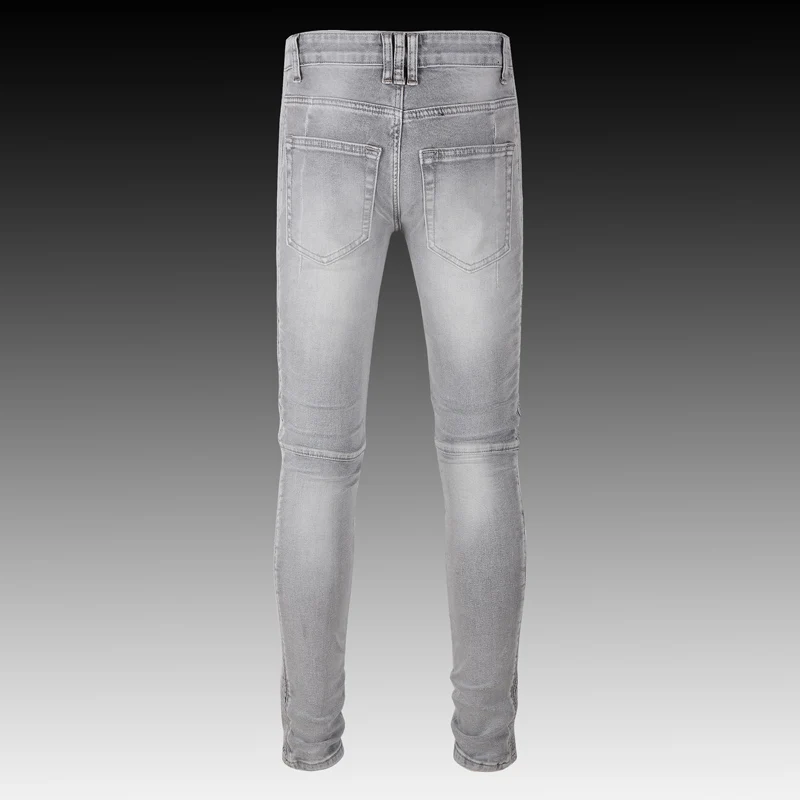 Fashion Streetwear Men Jeans Retro Gray Elastic Slim Fit Spliced Designer Biker Jeans Homme Hip Hop Brand Denim Punk Pants Men