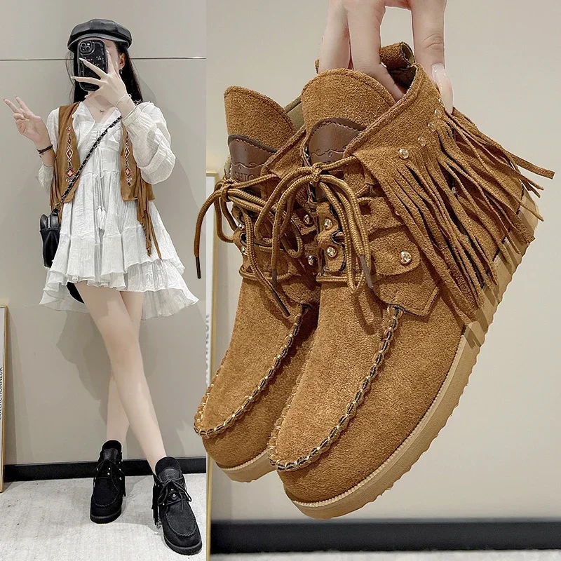 Винтажные женские ботильоны на шнуровке с кисточками Осень-зима острым носком