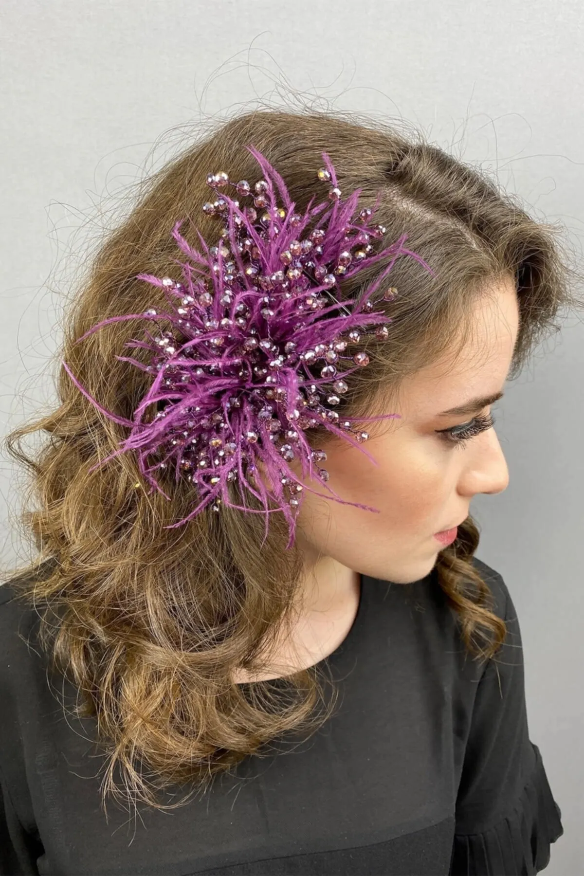 

Bridal Accessories Plum Crystal Beads And Feathers Hair Accessory Wedding Handmade For Bride And Bridesmaids