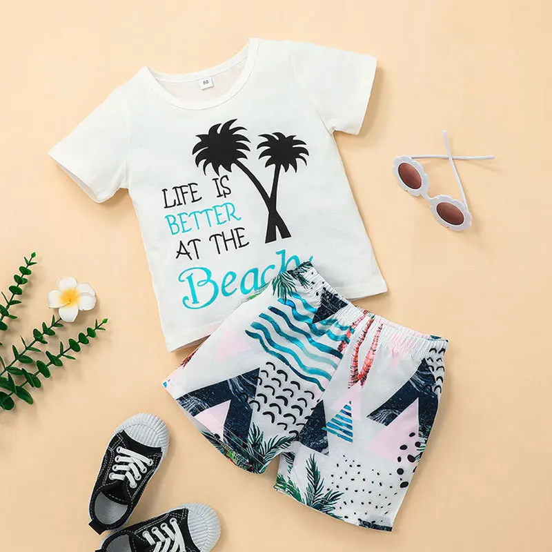 

Infant Boy Clothes Baby Summer Outfits Children Letter Print Short Sleeve Tops + Beach Shorts 2 PCS Toddler Casual Clothing