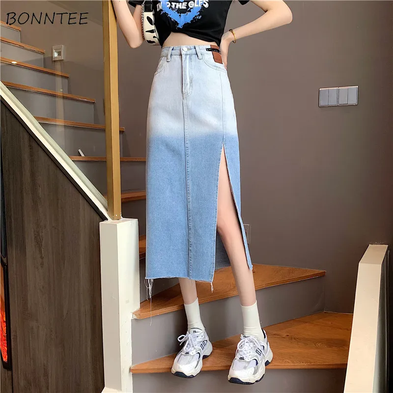 

Skirts Women Gradient Faldas Largas New Design Korean Fashion Side-slit Mujer Hot Sale A-line High Waist Students Casual Summer