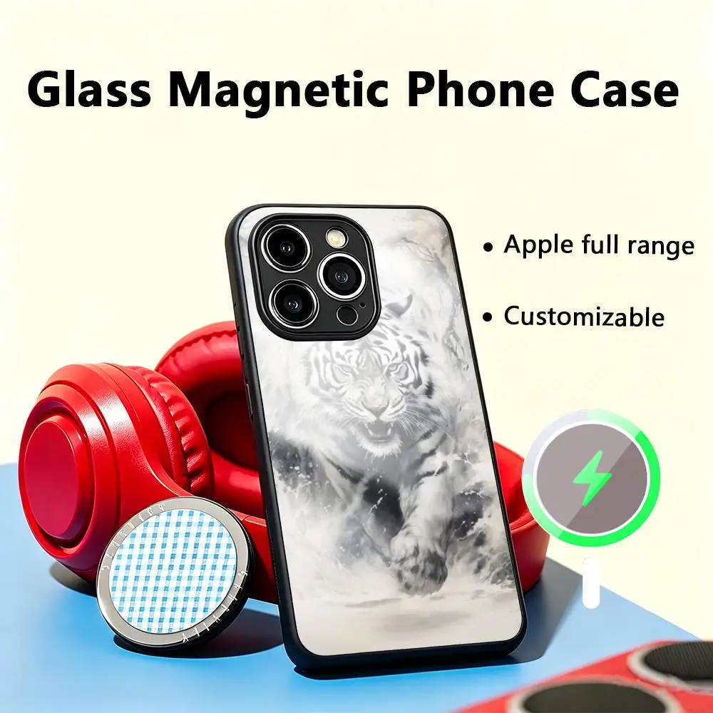 Фото Элитный модный чехол для телефона с изображением белого тигра для iPhone 17 Air, 16, 15, 14, 13, 12, 11 Plus, Mini, Pro, Max, стеклянный магнитный чехол №1