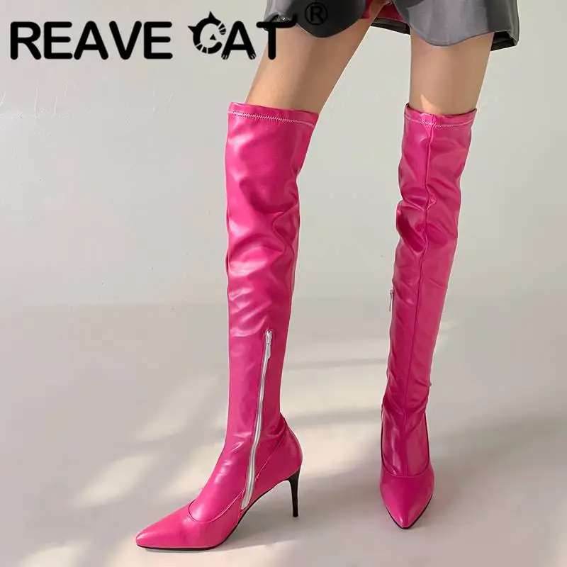 

REAVE CAT Brand Shoe Women Thigh Boots Pointed Toe Thin High Heels 7.5cm Zipper Large Size 47 48 Stretchy Sexy Party Booty S4587