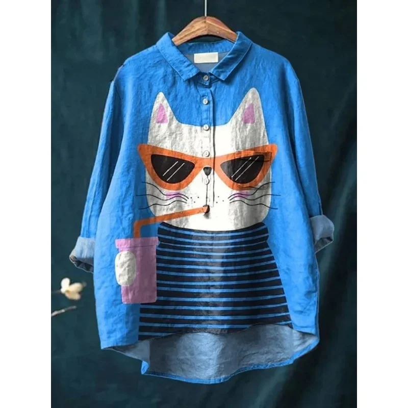 Повседневная льняная рубашка в японском стиле с изображением милого зеленого