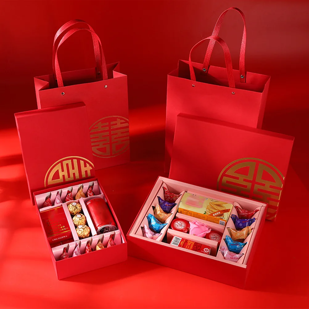 2 Pcs Lunar New Year Party Favors Red Gift Bags Chinese Candy Boxes Paper Present